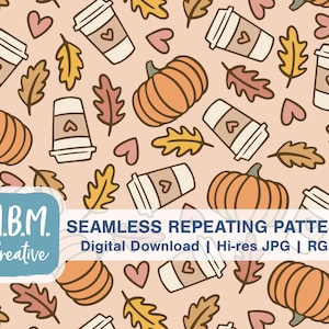 Coffee Pumpkins Hearts & Leaves in Muted Fall Colors Seamless Repeat Pattern Commercial Use, Boho Autumn Seamless File, Digital Download