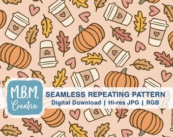 Kaffee Kürbisse Herzen & Blätter in gedeckten Herbstfarben Nahtloses Wiederholmuster kommerzielle Nutzung, Boho Herbst Nahtlose Datei, Digitaler Download