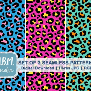 May include: Set of three digital seamless patterns featuring a leopard print design in various colour combinations. The patterns include blue with pink, pink with yellow, and turquoise with orange.
