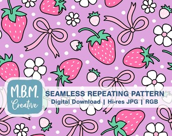 Strawberries & Bows on Purple Repeat Pattern Commercial Use, Cute Girly Summer Seamless File, Strawberry Fruit Flower Digital Download