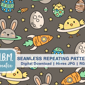 May include: A seamless repeating pattern featuring a cartoon bunny, chick, and carrot rocket in a space-themed Easter design. The background is a dark gray with yellow stars. The pattern is perfect for fabric, wallpaper, or wrapping paper.