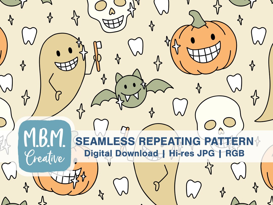 Halloween Dental Seamless Repeat Pattern in Muted Color, Spooky Smiling ...