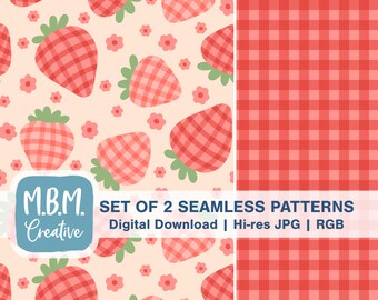 May include: Two seamless patterns, one with red gingham strawberries on a light peach background with pink flowers, and the other with a red gingham pattern. The text "M.B.M. Creative SET OF 2 SEAMLESS PATTERNS Digital Download | Hi-res JPG | RGB" is at the bottom of the image.