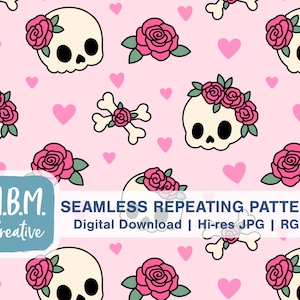 Puede incluir: Un patrón repetido sin costuras con corazones rosas, calaveras blancas con rosas rosas y huesos cruzados blancos con una rosa rosa. El fondo es rosa.