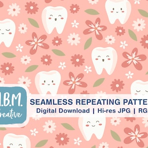 Cute Teeth & Flowers on Pink  Seamless Repeat Pattern for Commercial Use, Dental Hygienist Dentist Digital Download