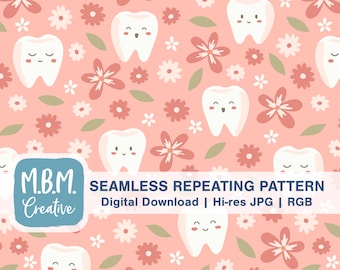 Cute Teeth & Flowers on Pink  Seamless Repeat Pattern for Commercial Use, Dental Hygienist Dentist Digital Download