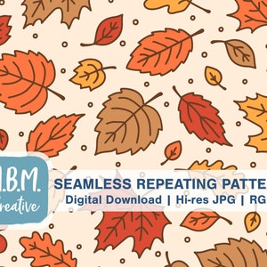 Könnte beinhalten: Ein nahtloses sich wiederholendes Muster mit verschiedenen Herbstblättern in Orange-, Rot-, Braun- und Gelbtönen. Die Blätter sind schwarz umrandet und auf einem hellbeigen Hintergrund angeordnet.