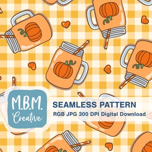 May include: A seamless pattern of orange pumpkin spice latte mugs with straws, pumpkin illustrations, and heart shapes on a yellow and white gingham background. The image includes the text "M.B.M. Creative" and "Seamless Pattern".