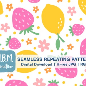 May include: A seamless repeating pattern featuring pink strawberries, yellow lemons, and pink and orange flowers on a white background. The pattern is perfect for use in digital scrapbooking, crafting, and other creative projects.