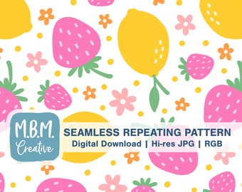 Könnte beinhalten: Ein nahtloses sich wiederholendes Muster mit rosa Erdbeeren, gelben Zitronen und rosa und orangefarbenen Blumen auf weißem Hintergrund. Das Muster ist perfekt für die Verwendung in digitalem Scrapbooking, Basteln und anderen kreativen Projekten.