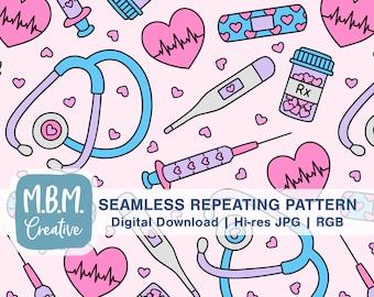 Nurse Love: Pink Purple & Blue Seamless Pattern Commercial Use, Cute Nurse Seamless Repeat, Valentine&#39;s Day Medical Occupation Pattern
