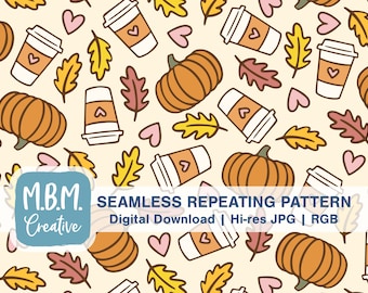 Kaffee, Kürbisse, Herzen & Blätter auf Creme nahtlose Wiederholung Muster für kommerzielle Nutzung, Herbst nahtlose Datei, Kürbis digitaler Download