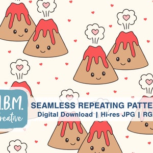 May include: A seamless repeating pattern featuring cute cartoon volcanoes with red lava and hearts. The background is white with small red hearts.