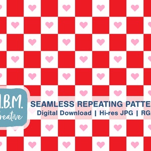 Checkerboard with Hearts in Red & Pink Seamless Repeat Pattern Commercial Use, Valentines Day Seamless File, Geometric Digital