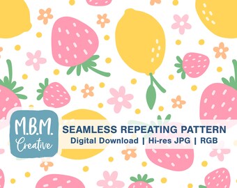 Könnte beinhalten: Ein nahtloses sich wiederholendes Muster mit rosa Erdbeeren, gelben Zitronen und rosa und orangefarbenen Blumen auf weißem Hintergrund. Das Muster ist perfekt für die Verwendung in digitalen und gedruckten Projekten.