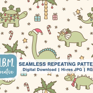 Cute Christmas Dinos on Beige Seamless Repeat Pattern for Commercial Use, Holiday Dinosaur Digital Download, Kids Christmas Seamless File