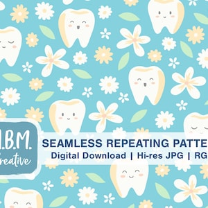 Cute Teeth & Flowers on Blue Seamless Repeat Pattern for Commercial Use, Dental Hygienist Dentist Digital Download