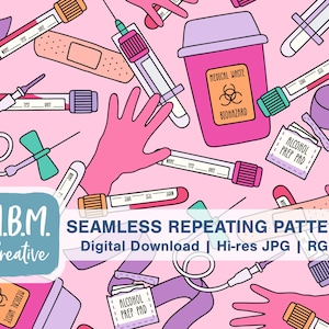 May include: A seamless repeating pattern featuring medical supplies, including test tubes, bandages, alcohol prep pads, a biohazard waste container, and a syringe. The pattern is on a pink background.