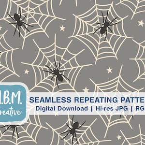 Spider Webs on Gray with Stars Seamless Repeat Pattern Commercial Use, Creepy Cute Seamless File, Halloween Digital Design
