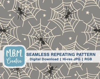 Spider Webs on Gray with Stars Seamless Repeat Pattern Commercial Use, Creepy Cute Seamless File, Halloween Digital Design