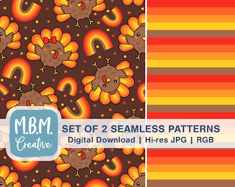 Kawaii Turkeys and Rainbows on Brown with Coordinating Stripe Seamless Repeat Pattern Commercial Use, Fall Cute Autumn Seamless File