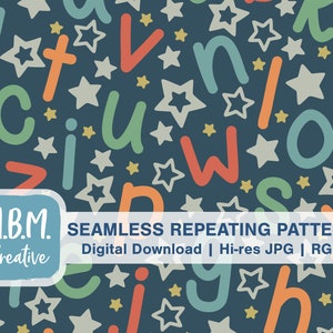 May include: A seamless repeating pattern featuring colorful letters of the alphabet and white stars on a dark blue background. The text "M.B.M. Creative" and "SEAMLESS REPEATING PATTERN Digital Download | Hi-res JPG | RGB" is at the bottom of the image.