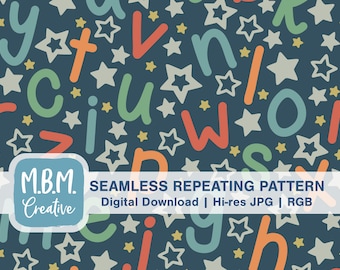 May include: A seamless repeating pattern featuring colorful letters of the alphabet and white stars on a dark blue background. The text "M.B.M. Creative" and "SEAMLESS REPEATING PATTERN Digital Download | Hi-res JPG | RGB" is at the bottom of the image.