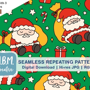 Sleeping Santas on Green Seamless Repeat Pattern Commercial Use, 3 Skin Tones Cute Santa File, Kids Christmas Pajama Print Download