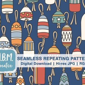 May include: Seamless repeating pattern featuring a variety of colorful buoy designs on a dark blue background. The buoys are in various shapes and sizes, with different patterns and colors, including red, white, blue, yellow, and orange.