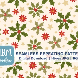 Holly Snowflakes in Green & Red Seamless Repeat Pattern for Commercial Use, Cute Winter Hand-Drawn Download, Christmas Seamless File