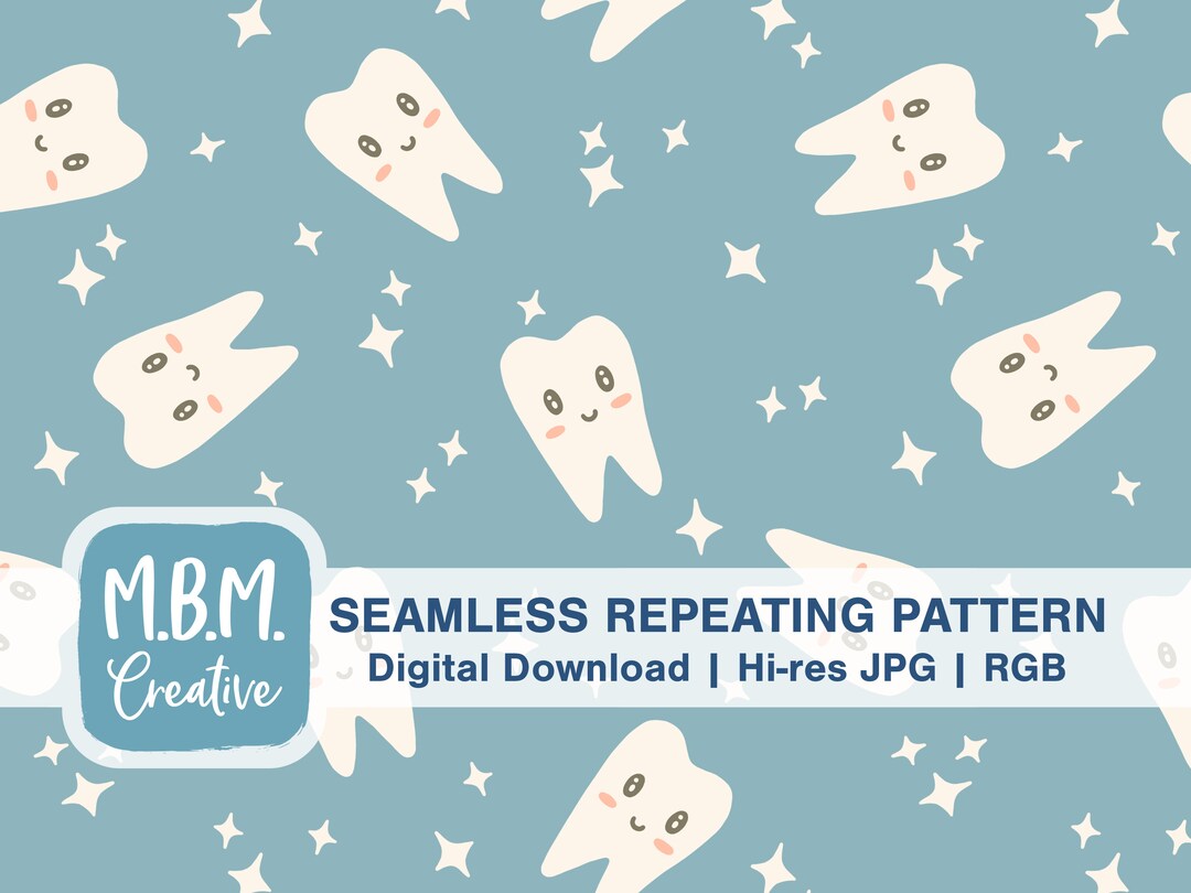 Sparkling Clean Kawaii Teeth on Teal Seamless Repeat Pattern for ...