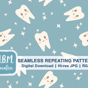 Sparkling Clean Kawaii Teeth on Teal Seamless Repeat Pattern for Commercial Use, Cute Dental Hygienist Dentist Digital Download