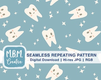 Sparkling Clean Kawaii Teeth on Teal Seamless Repeat Pattern for Commercial Use, Cute Dental Hygienist Dentist Digital Download