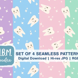 Sparkling Clean Kawaii Teeth Bundle: 4 Patterns in Pastel Colors, Seamless Repeat Pattern Set, Cute Dental Hygienist Dentist Digital