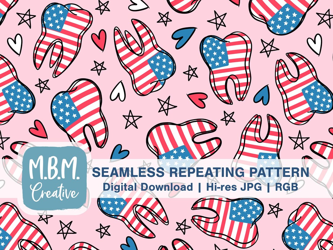 Patriotic Teeth on Pink Seamless Repeat Pattern, Dental Hygienist ...