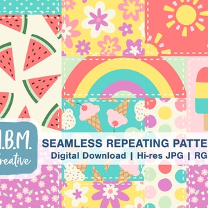 Patchwork-Sommer-nahtlose Wiederholungsmuster-kommerzielle Nutzung, Strand-Saison-Download, fröhliche Obst-Regenbogen-Blumen-Sonne-nahtlose Datei