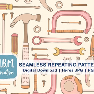May include: A seamless repeating pattern featuring various tools in pink, yellow, and brown. The tools include a hammer, wrench, screwdriver, pliers, tape measure, and a clamp. The background is a light beige colour.