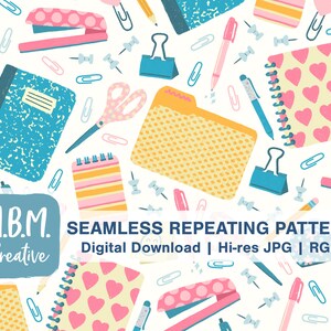 May include: A seamless repeating pattern featuring various school supplies, including notebooks, folders, pencils, pens, paper clips, push pins, and staplers. The pattern is in a bright and colorful style with a white background.