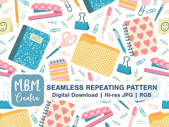 Cute School Supplies on White Seamless Repeat Pattern for Commercial Use, School Seamless File, Office Supply Digital Download