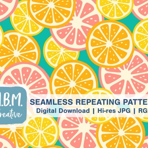 Citrus on Teal Seamless Repeat Pattern for Commercial Use, Orange Lemon Lime Fruit Digital Download, Summer Food Seamless file