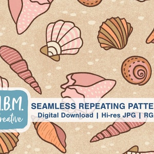 Scattered Seashells in Brown, Pink & Orange Seamless Repeat Pattern for Commercial Use, Summer Shells Digital Download, Beach Seamless file