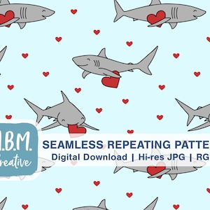 Könnte beinhalten: Ein nahtloses sich wiederholendes Muster mit Cartoon-Haien, die rote Herzen auf einem hellblauen Hintergrund halten. Das Muster ist perfekt für den Valentinstag oder jeden Anlass, bei dem Sie Liebe zeigen möchten.