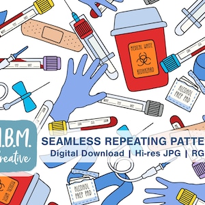 May include: A seamless repeating pattern featuring medical supplies, including test tubes, syringes, bandages, gloves, and a biohazard waste container. The pattern is in a cartoon style with bright colors.