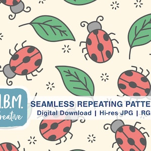 May include: A seamless repeating pattern featuring red and black ladybugs, green leaves, and white stars on a light yellow background. The text "SEAMLESS REPEATING PATTERN" is at the bottom of the image.