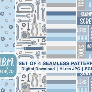 May include: Set of four seamless patterns featuring tools and hardware. The patterns include a blue and white pattern with nuts and bolts, a white pattern with tools, a blue and white striped pattern, and a pattern with the words "tools", "hammer", "bolt", "clamp", "screwdriver", and "liers" in a blue and white color scheme.