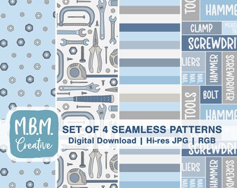 May include: Set of four seamless patterns featuring tools and hardware. The patterns include a blue and white pattern with nuts and bolts, a white pattern with tools, a blue and white striped pattern, and a pattern with the words "tools", "hammer", "bolt", "clamp", "screwdriver", and "liers" in a blue and white colour scheme.