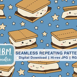 Puede incluir: Un patrón repetido sin costuras que presenta lindos s'mores de dibujos animados con ojos saltones y caras sonrientes sobre un fondo azul con estrellas blancas. El texto "M.B.M. Creative" y "SEAMLESS REPEATING PATTERN | Digital Download | Hi-res JPG | RGB" está en la parte inferior de la imagen.