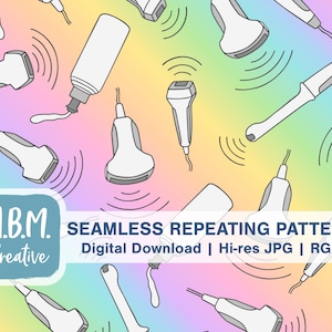 May include: A seamless repeating pattern featuring a rainbow background with white outlines of various medical devices, including ultrasound wands and a bottle of lotion. The text "M.B.M. Creative" is in the center of the image.