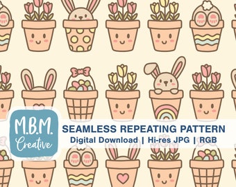 Potted Bunnies on Yellow Repeat Pattern for Commercial Use, Cute Spring Easter Seamless File, Rabbit Flowers Easter Eggs Digital Download