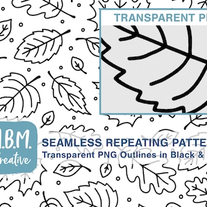 Doodle Leaves Transparent Background PNG Seamless Repeat Pattern Commercial Use, Hand Drawn Autumn Fall Leaf Digital Download Pattern